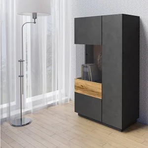 Buffet hoog KILES met LED, 2 deuren, antraciet en eiken, glazen deur links Buffet hoog KILES met LED, 2 deuren, antraciet en eiken, glazen deur links