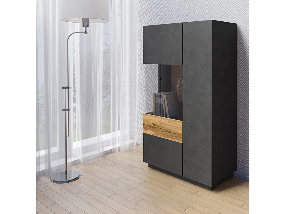 Buffet hoog KILES met LED, 2 deuren, antraciet en eiken, glazen deur links