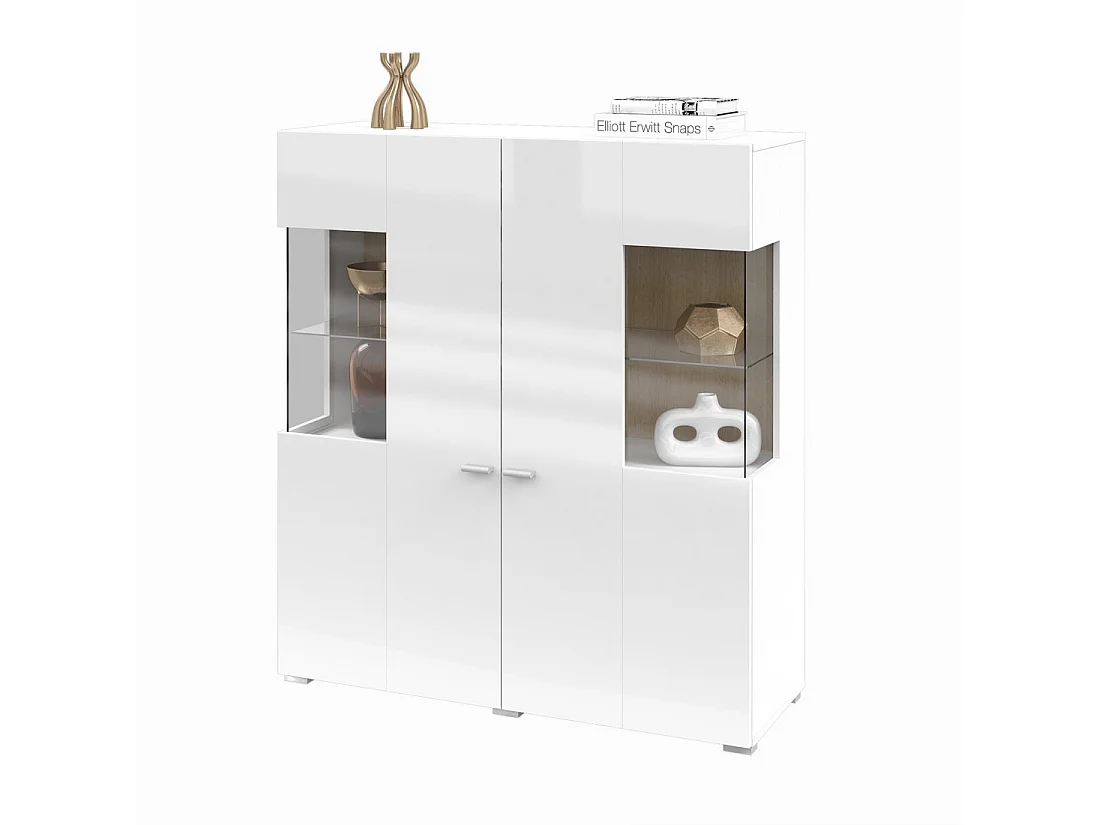 Buffetkast hoog uit de collectie KOBEE met 2 glazen deuren en geïntegreerde LED. Kleur wit en eiken.