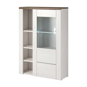 Hoge design buffetkast met 1 deur voor woonkamer in witte houtlook en eiken. Collectie SANTIAGO.