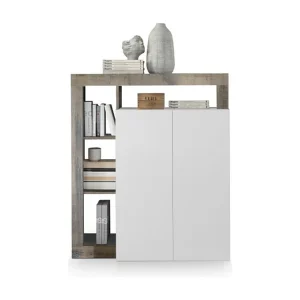 Hoge buffetkast met 2 deuren, collectie BURA, in hoogglans wit lak en licht eiken kleur