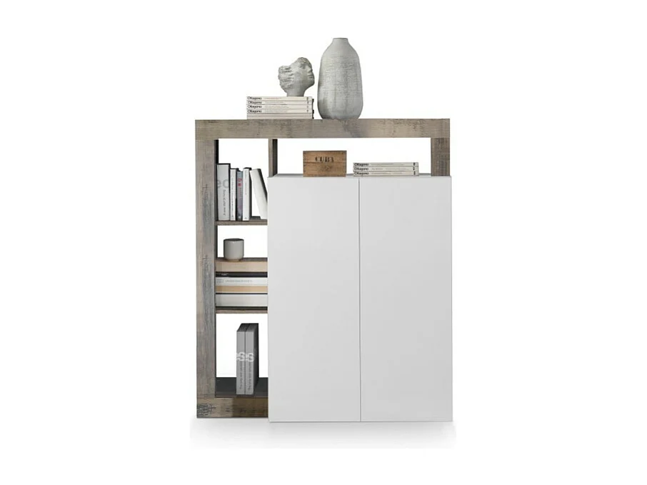 Hoge buffetkast met 2 deuren, collectie BURA, in hoogglans wit lak en licht eiken kleur