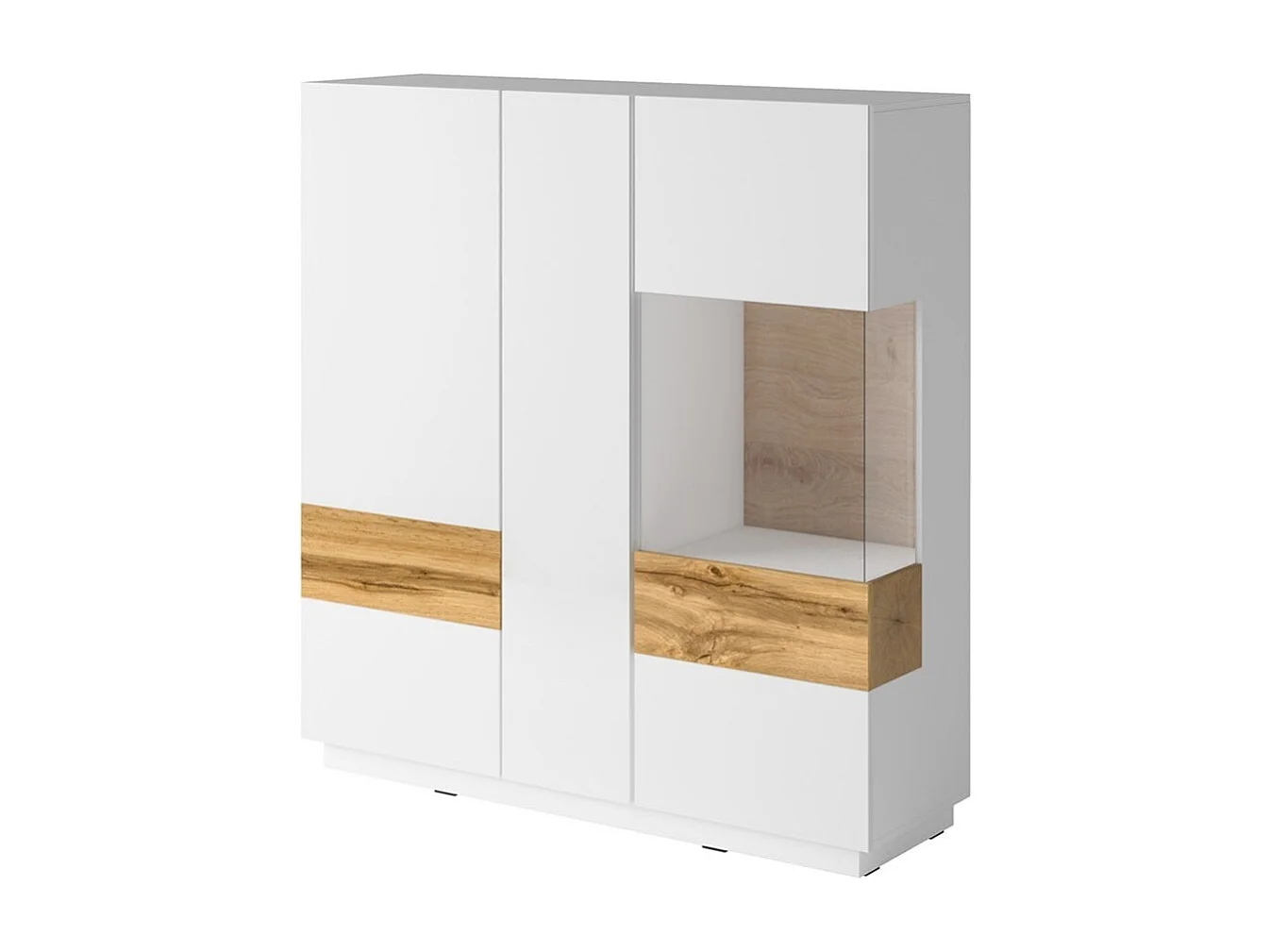 Buffetkast KILES met drie deuren en LED-verlichting. Kleur wit en eiken. Design stijl.