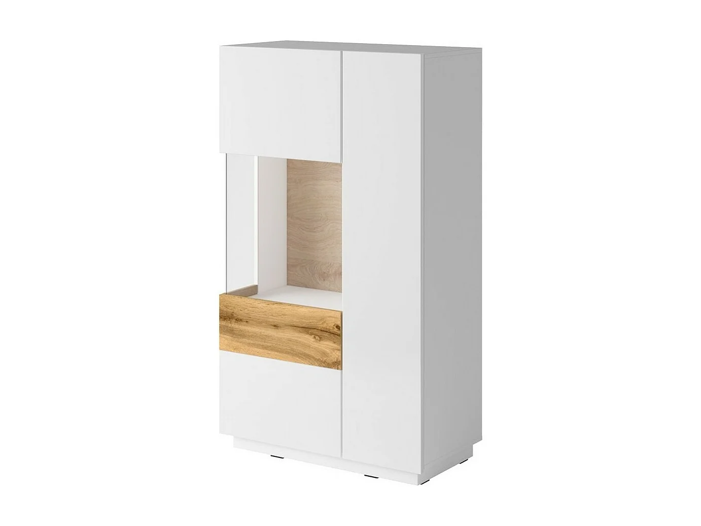 Buffet hoog met KILES collectie twee deuren. Kleur wit en eiken. Glazen deur links.