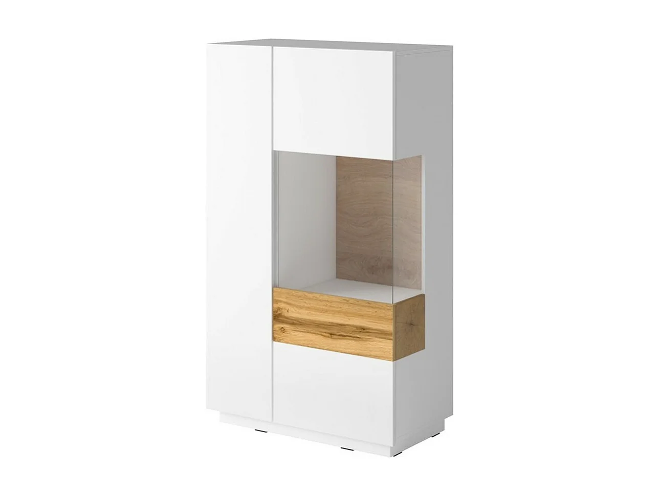 Hoog buffet uit de KILES collectie met twee deuren. Kleur wit en eiken. Glazen deur rechts.