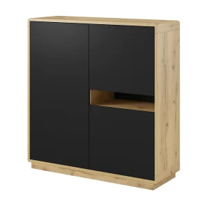 Buffet hoog collectie VILLA. Kleur eiken en zwart. 3 deuren en 1 verlichte nis.