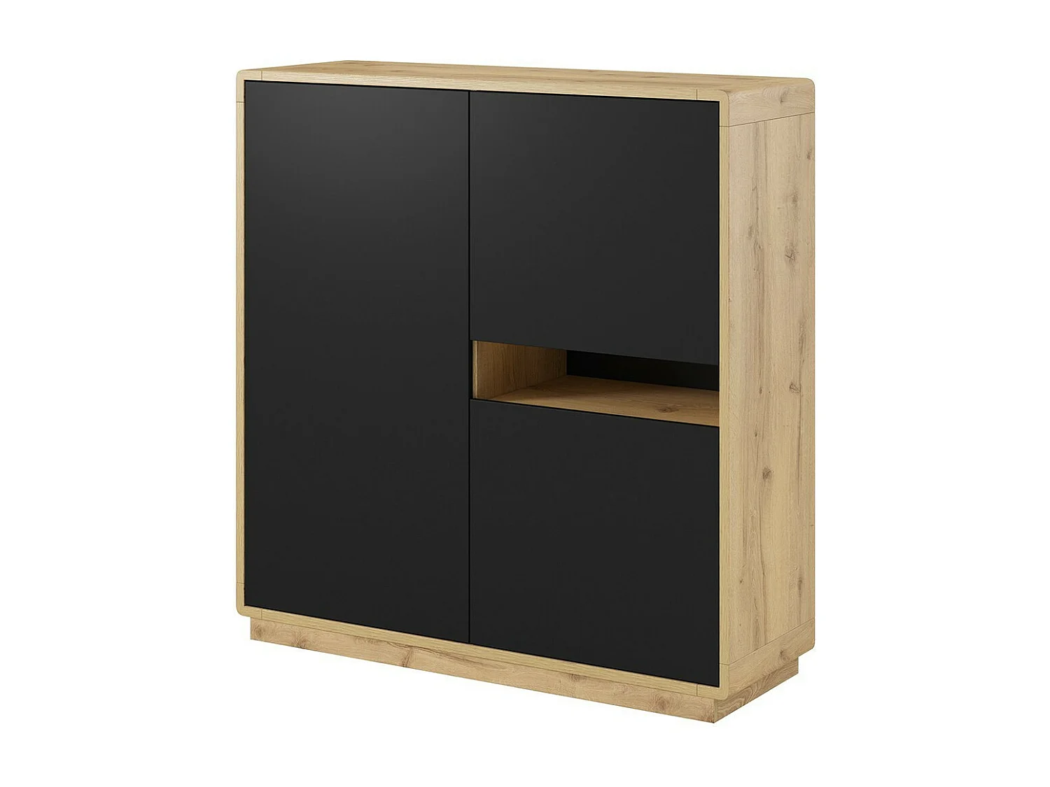 Buffet hoog collectie VILLA. Kleur eiken en zwart. 3 deuren en 1 verlichte nis.