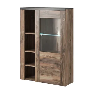 Hoge design buffetkast met 1 deur voor woonkamer in walnoot- en zwart hout effect. Collectie SANTIAGO.