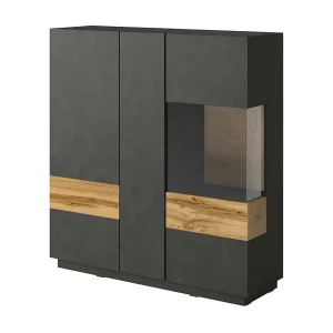 Buffet hoog KILES met drie deuren en LED. Kleur antracietgrijs en eiken. Design stijl