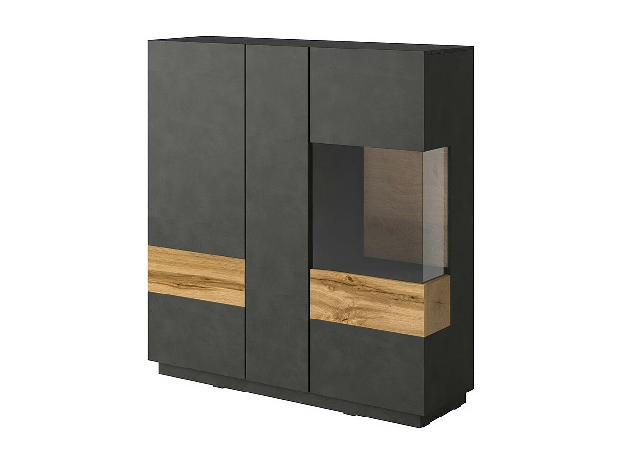 Buffet hoog KILES met drie deuren en LED. Kleur antracietgrijs en eiken. Design stijl