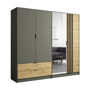 Kast 220cm met 4 deuren en 2 laden in grafietgrijs en eiken. Collectie IZO