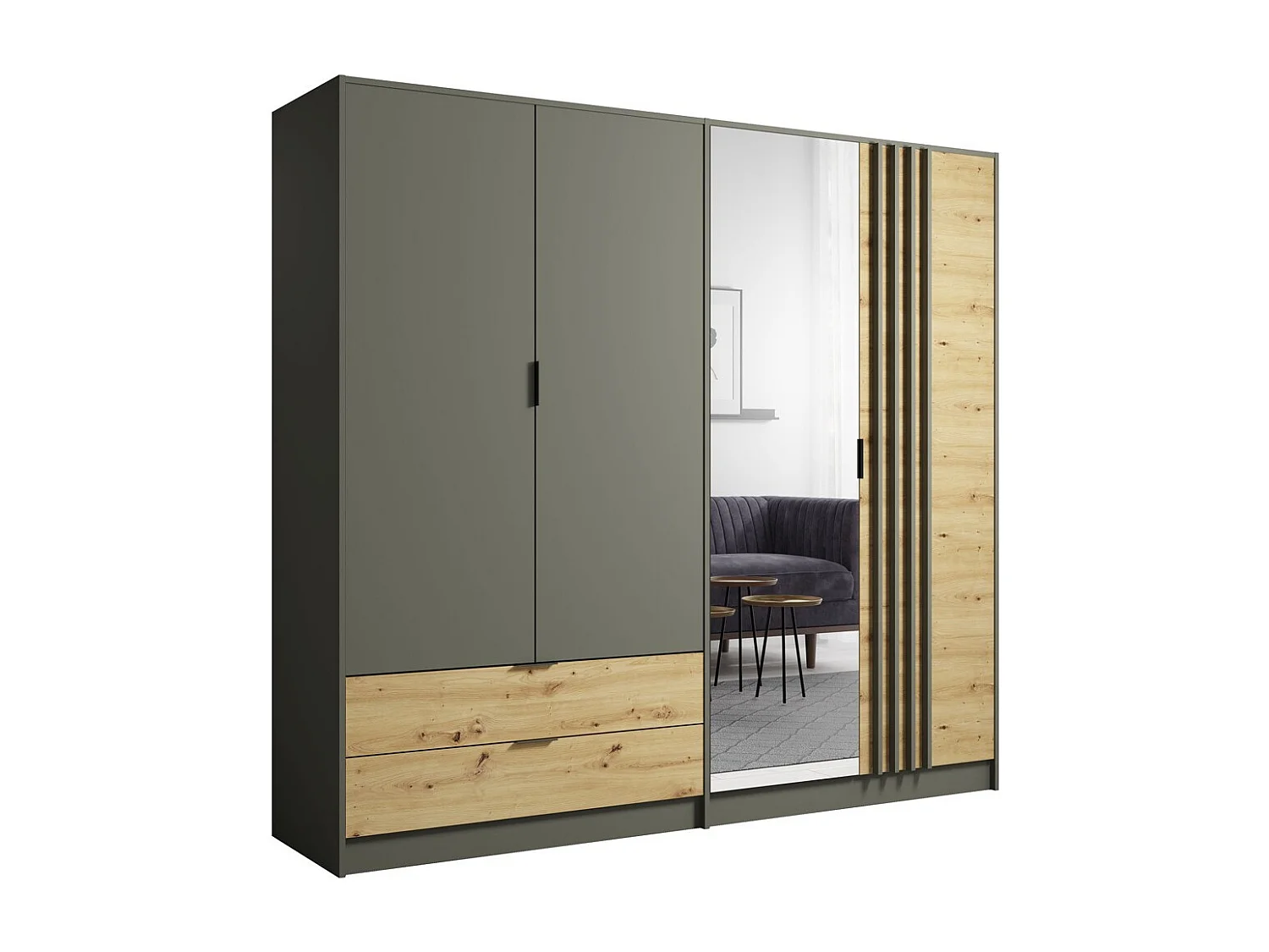 Kast 220cm met 4 deuren en 2 laden in grafietgrijs en eiken. Collectie IZO