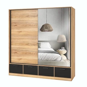 Kast 200cm met 2 schuifdeuren met spiegels en 4 laden in eiken en zwart. Collectie EOS