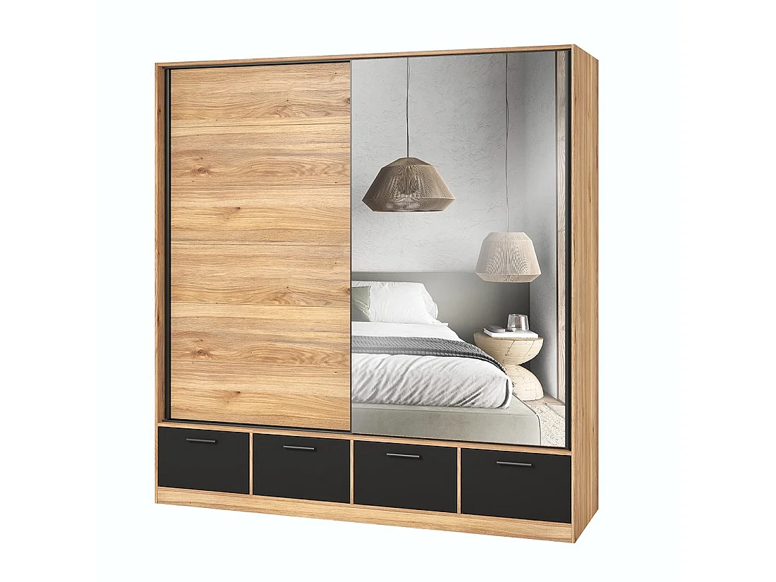 Kast 200cm met 2 schuifdeuren met spiegels en 4 laden in eiken en zwart. Collectie EOS