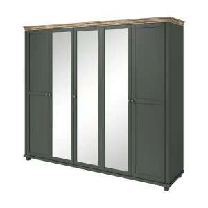 Kast 250×220 met 5 deuren. Kleur legergroen en eiken. Collectie ASSIA