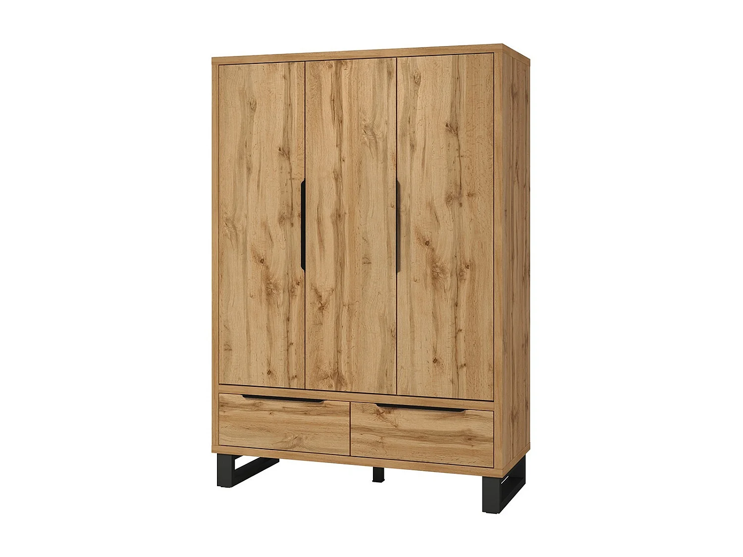 Houten Scandinavische stijl kast 150cm met 3 deuren en 2 lades in ruwe eikenkleur. MILOS collectie.