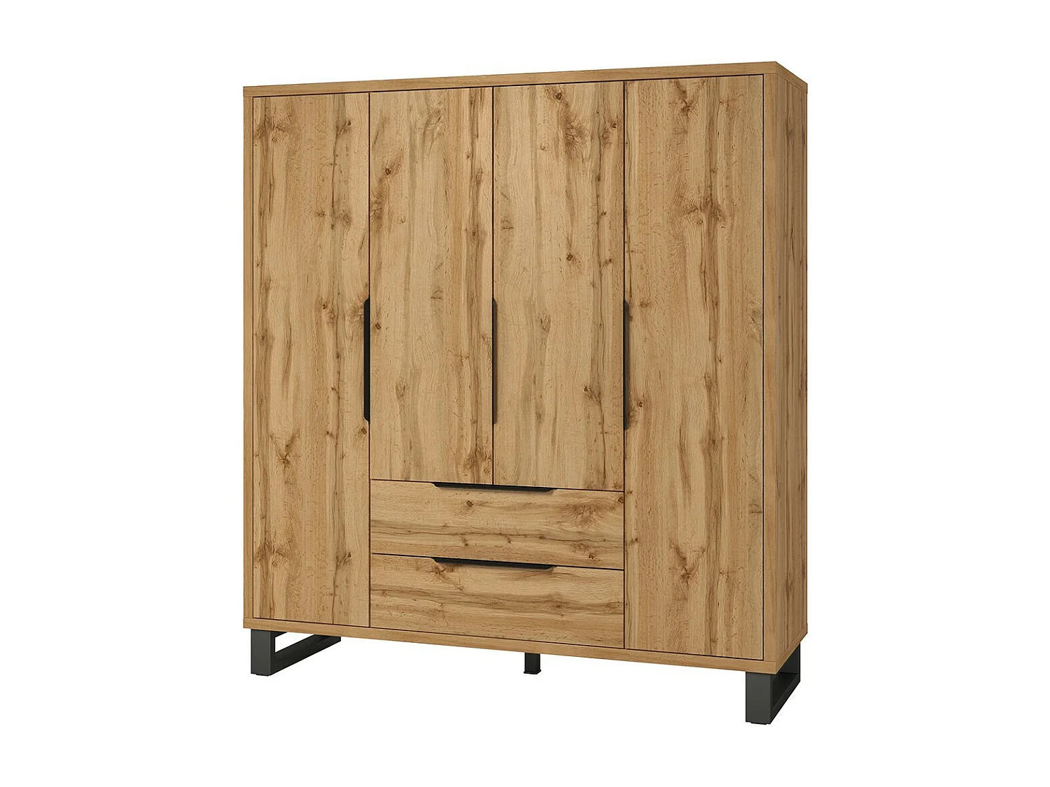 Houten Scandinavische stijl kast 190cm met 4 deuren en 2 laden in ruwe eiken kleur. MILOS collectie.