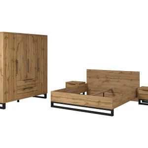 Industriële complete slaapkamer MILOS: kast met 4 deuren, bed 160×200, dressoir, nachtkastjes, ruw eiken/zwart Industriële complete slaapkamer MILOS: kast met 4 deuren, bed 160×200, dressoir, nachtkastjes, ruw eiken/zwart