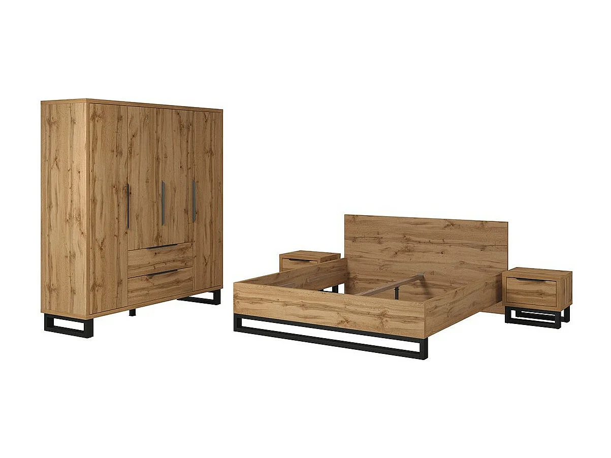 Industriële complete slaapkamer MILOS: kast met 4 deuren, bed 160x200, dressoir, nachtkastjes, ruw eiken/zwart