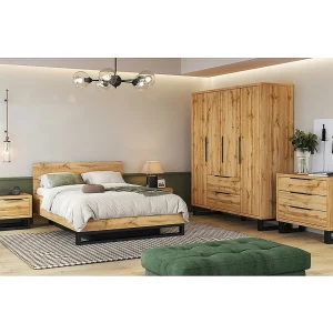 Industriële complete slaapkamer MILOS: Kast, opbergbed 180×200, dressoir, nachtkastjes, ruw eiken/zwart Industriële complete slaapkamer MILOS: Kast, opbergbed 180×200, dressoir, nachtkastjes, ruw eiken/zwart