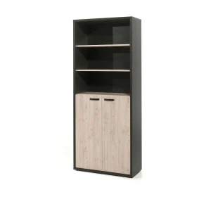 Bibliotheekkast DEPÉ – 2 deuren en planken – Licht eiken en Zwart – L90 x H216 x D40 cm