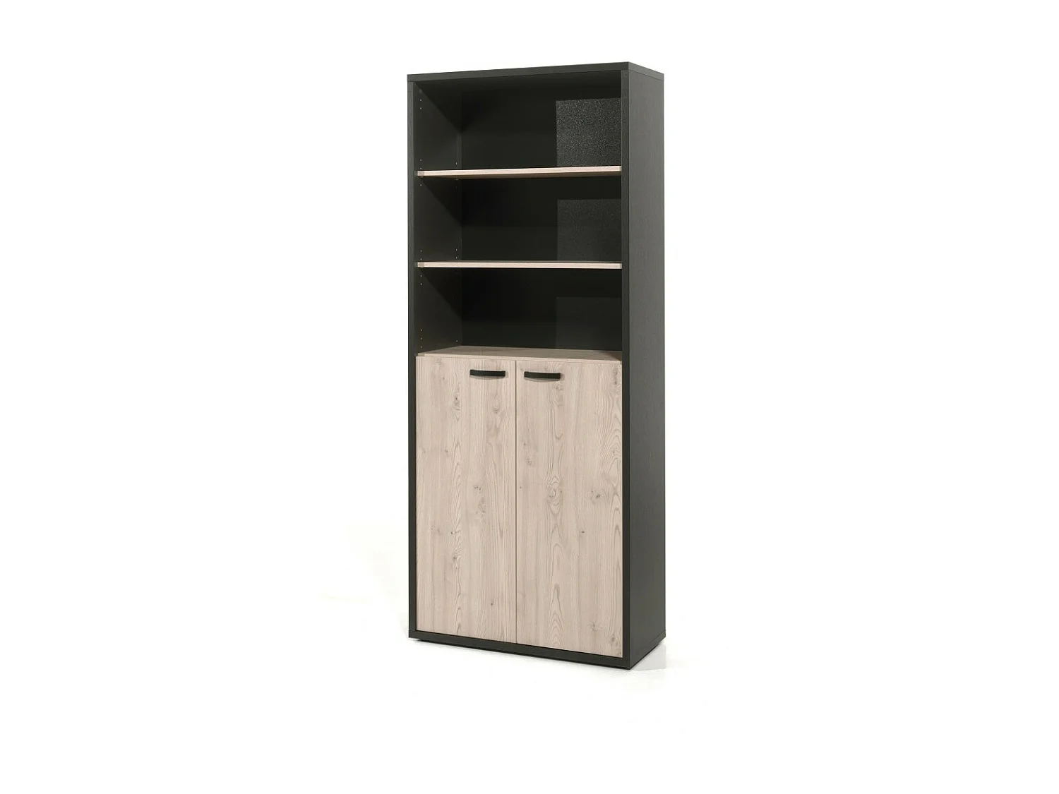 Bibliotheekkast DEPÉ – 2 deuren en planken – Licht eiken en Zwart – L90 x H216 x D40 cm