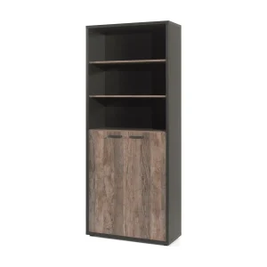 Bibliotheekkast SOON – 2 deuren en 4 planken – Verouderde eik & zwart – B90 x H216 x D40 cm