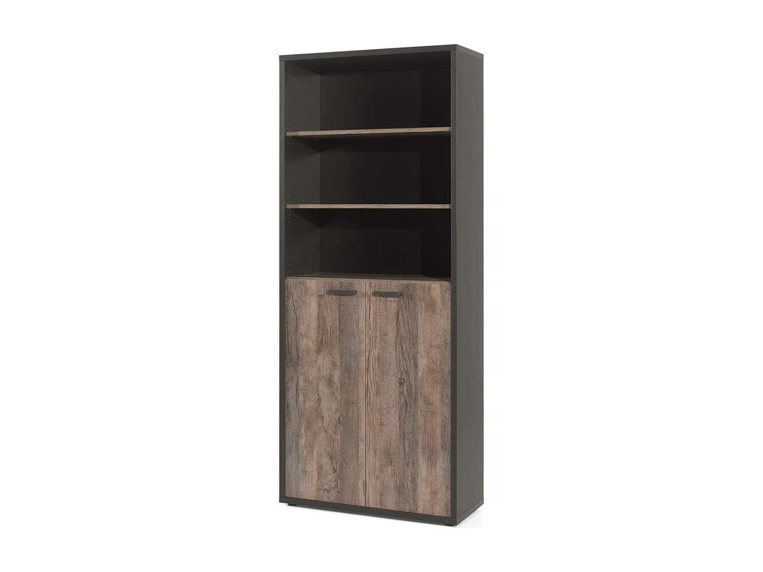 Bibliotheekkast SOON – 2 deuren en 4 planken – Verouderde eik & zwart – B90 x H216 x D40 cm