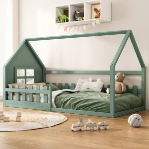 Huisbed 90×200 cm voor kinderen met huisbalk, groen (zonder matras) Huisbed 90×200 cm voor kinderen met huisbalk, groen (zonder matras)
