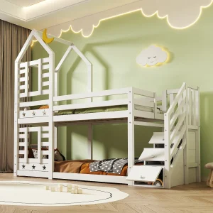 Huis stapelbed 90×200 cm – Versterkte veiligheid – Wit (zonder matras) Huis stapelbed 90×200 cm – Versterkte veiligheid – Wit (zonder matras)