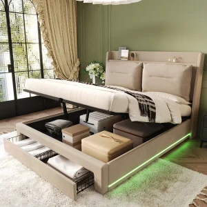 Hydraulisch bed 140×190 met LED – 2-in-1 opbergruimte – Beige fluweel – Zonder matras Hydraulisch bed 140×190 met LED – 2-in-1 opbergruimte – Beige fluweel – Zonder matras