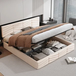 Hydraulisch dubbel opbergbed 160×200 cm – Verstelbare hoofdbord, beige fluweel (zonder matras)