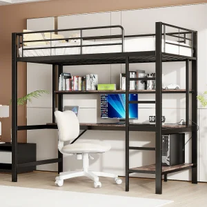 Hoge bed 90×200 cm van metaal – met leuning, ladder, USB en stopcontact, LED, bureau en ingebouwde plank – Zwart (zonder matras) Hoge bed 90×200 cm van metaal – met leuning, ladder, USB en stopcontact, LED, bureau en ingebouwde plank – Zwart (zonder matras)