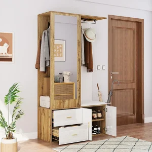 Kast Opbergset zwart hout spiegel schoenenkast bank haakjes schuifbare kleerhangers wit+naturel Kast Opbergset zwart hout spiegel schoenenkast bank haakjes schuifbare kleerhangers wit+naturel
