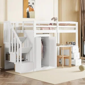 Hoogslaper – 90 x 200 cm – met kledingkast + bureau + lades en hanggedeelte – grenenhout + MDF – wit (zonder matras) Hoogslaper – 90 x 200 cm – met kledingkast + bureau + lades en hanggedeelte – grenenhout + MDF – wit (zonder matras)