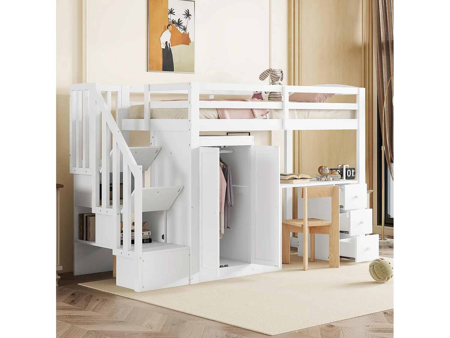 Hoogslaper - 90 x 200 cm - met kledingkast + bureau + lades en hanggedeelte - grenenhout + MDF - wit (zonder matras)