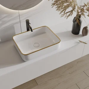 Rechthoekige opbouwwastafel van keramiek – Wit met goudkleurige rand – 50 x 39 cm – JUNIKO II Rechthoekige opbouwwastafel van keramiek – Wit met goudkleurige rand – 50 x 39 cm – JUNIKO II