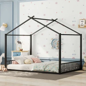 Huisbed 140×200 cm voor kinderen, zwart metalen frame, modern huisontwerp en stevige constructie (zonder matras) Huisbed 140×200 cm voor kinderen, zwart metalen frame, modern huisontwerp en stevige constructie (zonder matras)