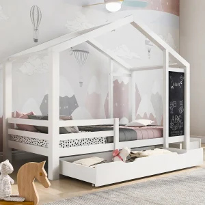 Kajuitbed 90×200 cm – Kinderbed met krijtbord en 2 lades – houten lattenbodem – wit