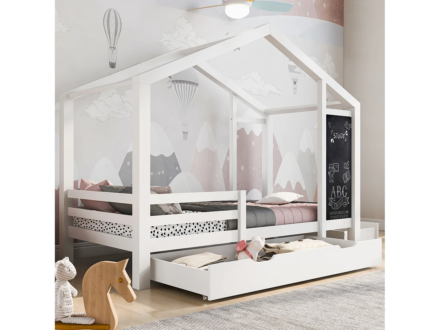 Kajuitbed 90x200 cm - Kinderbed met krijtbord en 2 lades - houten lattenbodem - wit