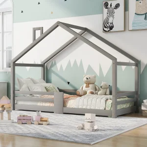 Hoogslaper 90×200 cm – kinderbed met lattenbodem – valbeveiliging – grijs Hoogslaper 90×200 cm – kinderbed met lattenbodem – valbeveiliging – grijs