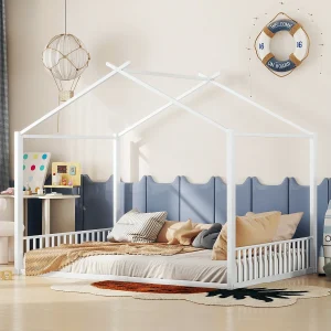 Huisbed 140×200 cm voor kinderen, wit metalen frame, modern huisontwerp en stevige constructie (zonder matras) Huisbed 140×200 cm voor kinderen, wit metalen frame, modern huisontwerp en stevige constructie (zonder matras)