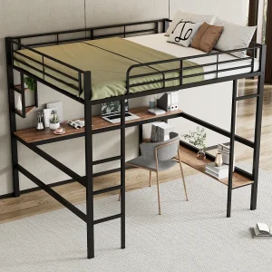 Hoogslaper kind 140×200 cm zwart, met plat bureau en opbergrek, metalen bed, zonder matras Hoogslaper kind 140×200 cm zwart, met plat bureau en opbergrek, metalen bed, zonder matras