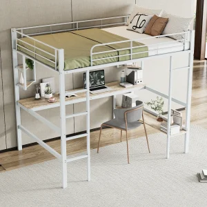 Hoge kinderbed 140×200 cm wit, met plat bureau en opbergrek, metalen bed, zonder matras Hoge kinderbed 140×200 cm wit, met plat bureau en opbergrek, metalen bed, zonder matras