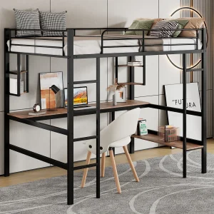 Hoge kinderbed 90×200 cm zwart, met plat bureau en opbergrek, metalen bed, zonder matras Hoge kinderbed 90×200 cm zwart, met plat bureau en opbergrek, metalen bed, zonder matras