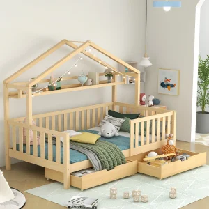 Kajuitbed met 2 lades – 90 x 200 cm – grenenhout – voor kinderen – lattenbodem en veiligheidsrail – natuurlijke kleur Kajuitbed met 2 lades – 90 x 200 cm – grenenhout – voor kinderen – lattenbodem en veiligheidsrail – natuurlijke kleur