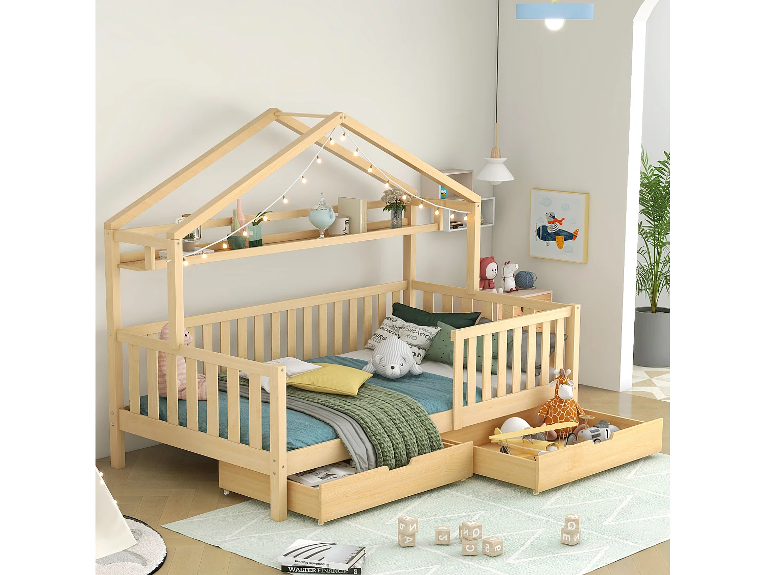 Kajuitbed met 2 lades - 90 x 200 cm - grenenhout - voor kinderen - lattenbodem en veiligheidsrail - natuurlijke kleur