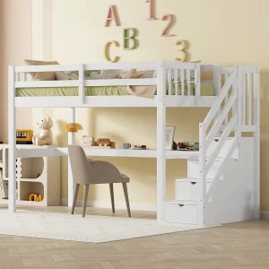 Mezzaninebed 90 x 200 cm met bureau en 4 lades – grenenhout + MDF – lattenbodem – wit