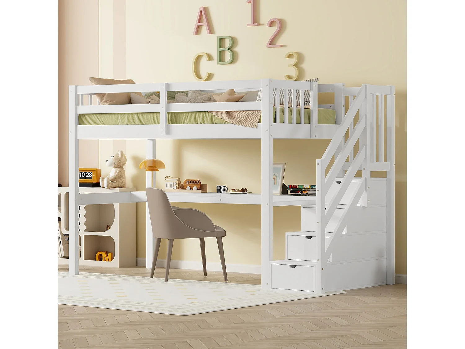 Mezzaninebed 90 x 200 cm met bureau en 4 lades - grenenhout + MDF - lattenbodem - wit