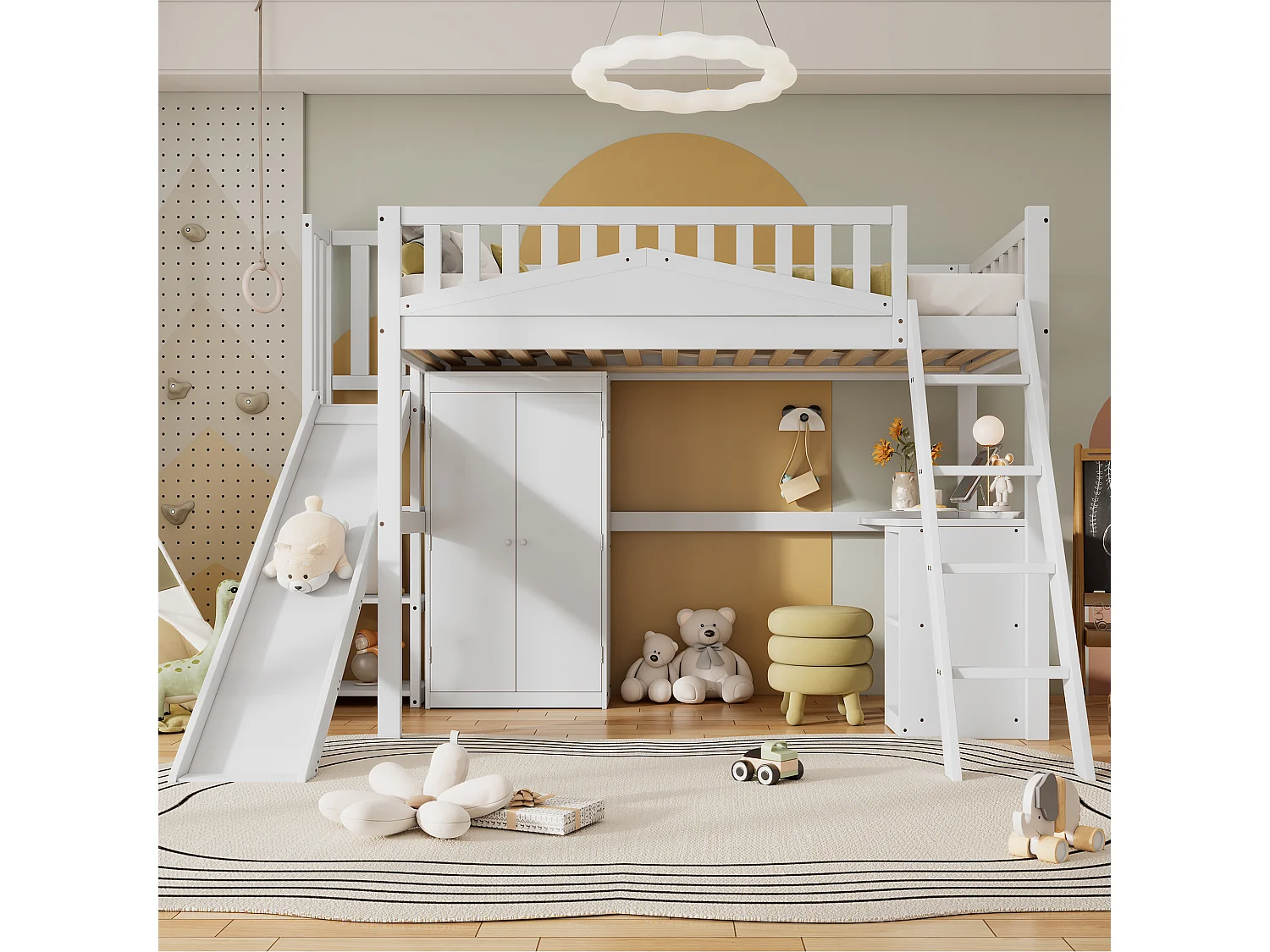 Hoogslaper 90 x 200 cm met glijbaan, kledingkast en bureau - Dennen + MDF + multiplex - Lattenbodem - Wit